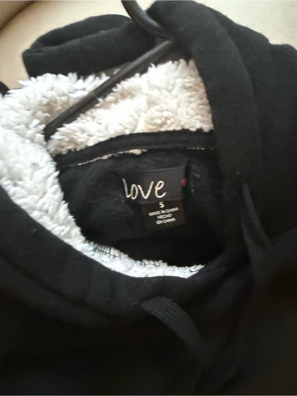 Love Black Hooded Puffer Jacket with White Sherpa Lining